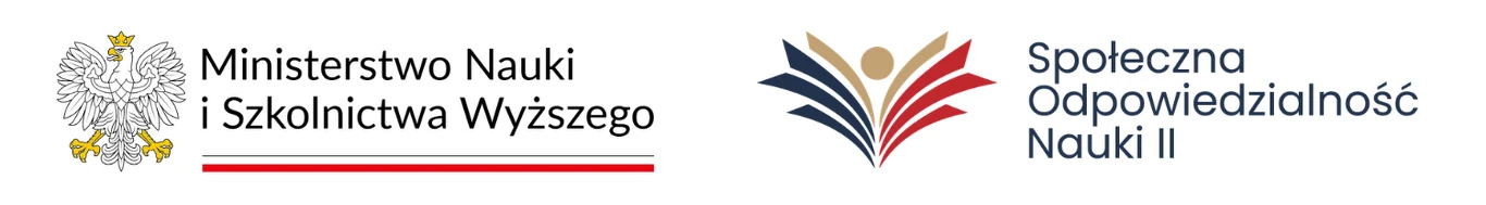 Logo Ministerstwa Nauki i Szkolnictwa Wyższego z godłem Polski oraz kolorowy znak graficzny programu Społeczna Odpowiedzialność Nauki II, połączony z nazwą programu.