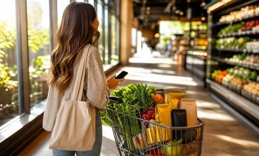 Kobieta z wózkiem pełnym zakupów i telefonem w dłoni podczas weekendowych promocji w supermarkecie