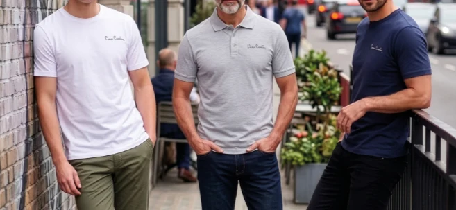 T-shirt i koszulka polo Pierre Cardin za 39,99 zł Trzech mężczyzn w casualowych koszulkach i spodniach stoi na chodniku przy ulicy, opierając się o metalową barierkę i ścianę, w tle widoczne są rośliny w donicach oraz przejeżdżające samochody.