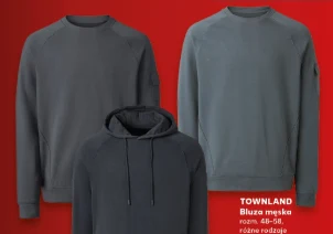 Męskia bluza Townland za 39,99 zł. Trzy męskie bluzy w odcieniach szarości, dwie z okrągłym dekoltem oraz jedna z kapturem, ustawione na czerwonym tle.