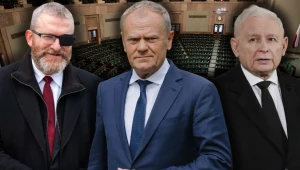 Sondaż: KO na czele, u władzy partie prawicowe (od lewej: Grzegorz Braun, Donald Tusk, Jarosław Kaczyński)