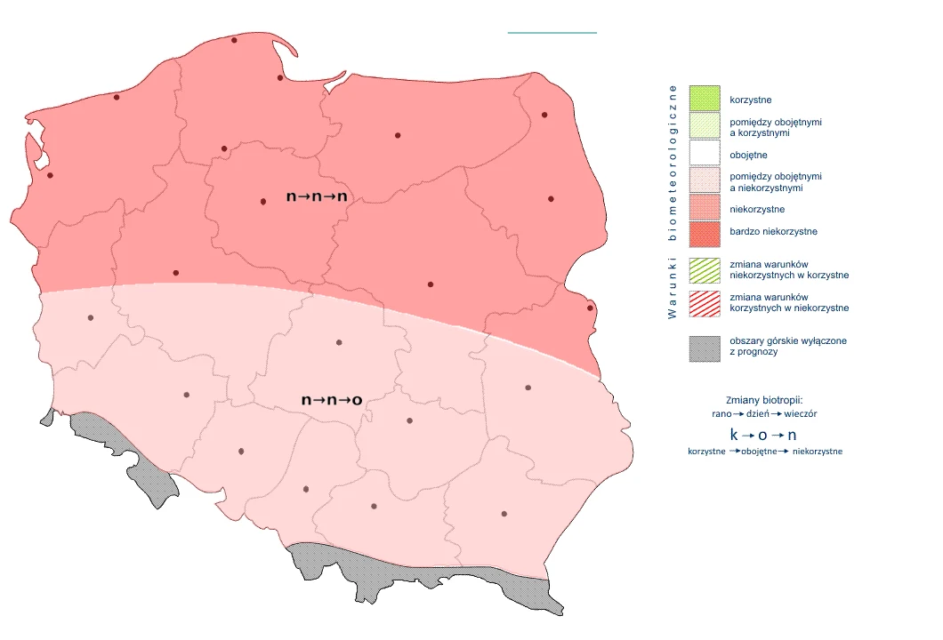 We wtorek można się spodziewać niekorzystnych, a w najlepszym przypadku co najwyżej obojętnych warunków biometeorologicznych Mapa Polski podzielona na strefy bioklimatyczne, z przewagą obszarów bardzo niekorzystnych i niekorzystnych dla człowieka w północnej i środkowej części kraju, oraz obszarów mniej niekorzystnych i korzystnych w południowej Polsce; legenda wyjaśnia pozi...