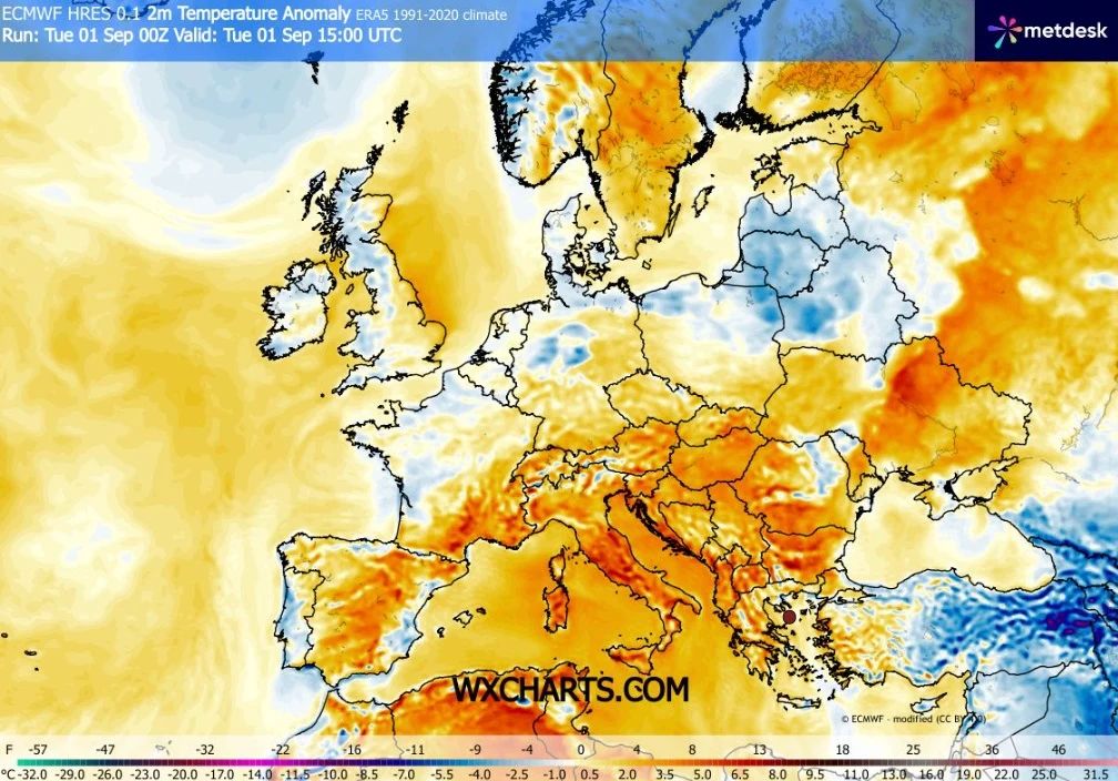 Wtorek będzie nieco chłodniejszy od wcześniejszych dni i miejscami na północy będzie poniżej 20 stopni Mapa Europy z kolorystycznym oznaczeniem anomalii temperatury powietrza, prezentująca wzrosty temperatury na południu i wschodzie kontynentu oraz niższe anomalie na północy i północnym wschodzie.