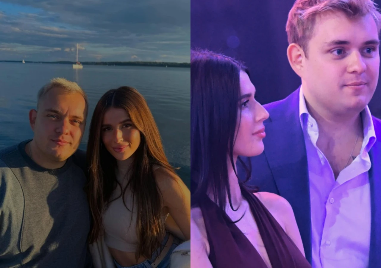 Dwie różne pary: po lewej dorosły mężczyzna i młoda kobieta pozują razem na tle wody, po prawej młoda kobieta i młody mężczyzna ubrani elegancko stoją blisko siebie w jasnym oświetleniu.