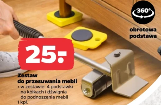 Zestaw do przesuwania mebli składający się z dźwigni oraz podstawki na kółkach umieszczone pod nogą mebla, na jasnym drewnianym podłożu.
