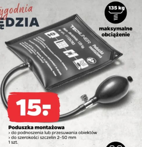 Czarna poduszka montażowa z pompką i przewodem, wytrzymująca maksymalne obciążenie 135 kg, przeznaczona do podnoszenia lub przesuwania obiektów oraz do rozszerzania szczelin o szerokości od 2 do 50 mm.