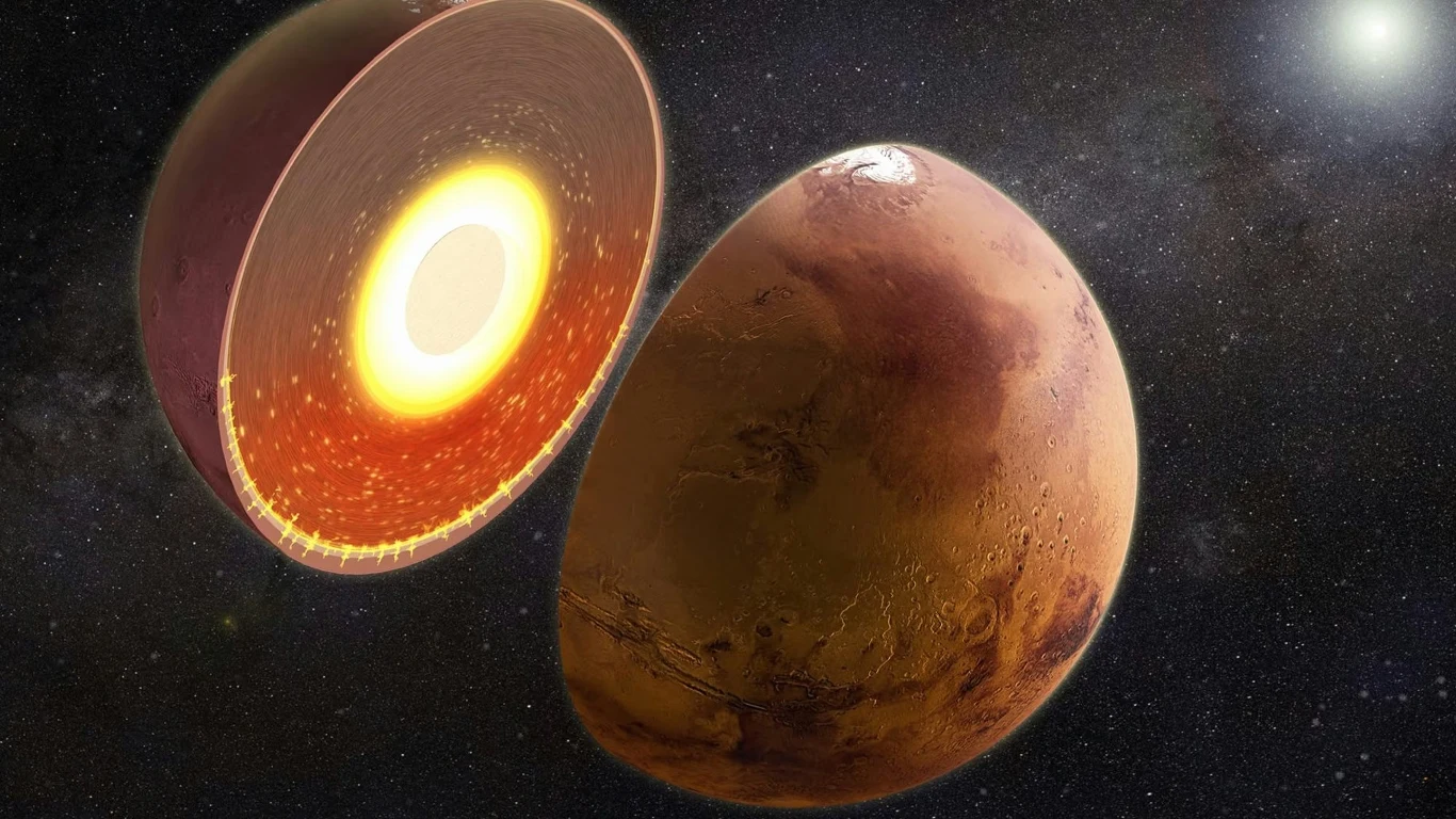 Wizualizacja prezentująca przekrój przez planetę Mars. Planeta w przestrzeni kosmicznej przedstawiona z przekrojem ukazującym wewnętrzną strukturę, z widocznym jądrem, płaszczem i skorupą.