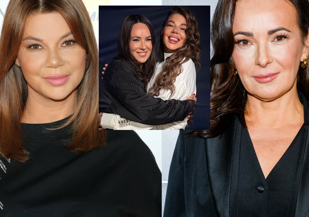 Edyta Górniak i Kasia Kowalska na wspólnym zdjęciu Trzy kobiety w eleganckich stylizacjach, dwie z nich zostały ustawione po bokach, natomiast na środku widoczna jest wstawiona fotografia dwóch uśmiechniętych kobiet obejmujących się nawzajem.