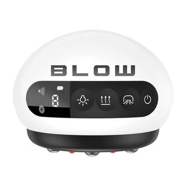 Elektroniczne urządzenie z wyświetlaczem cyfrowym, podświetlanymi ikonami funkcji oraz przyciskiem zasilania, utrzymane w biało-czarnej kolorystyce z napisem BLOW na górze obudowy.