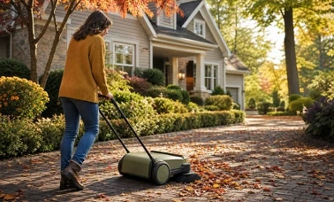Kobieta pcha ręczną zamiatarkę do kostki po podjeździe zasypanym jesiennymi liśćmi