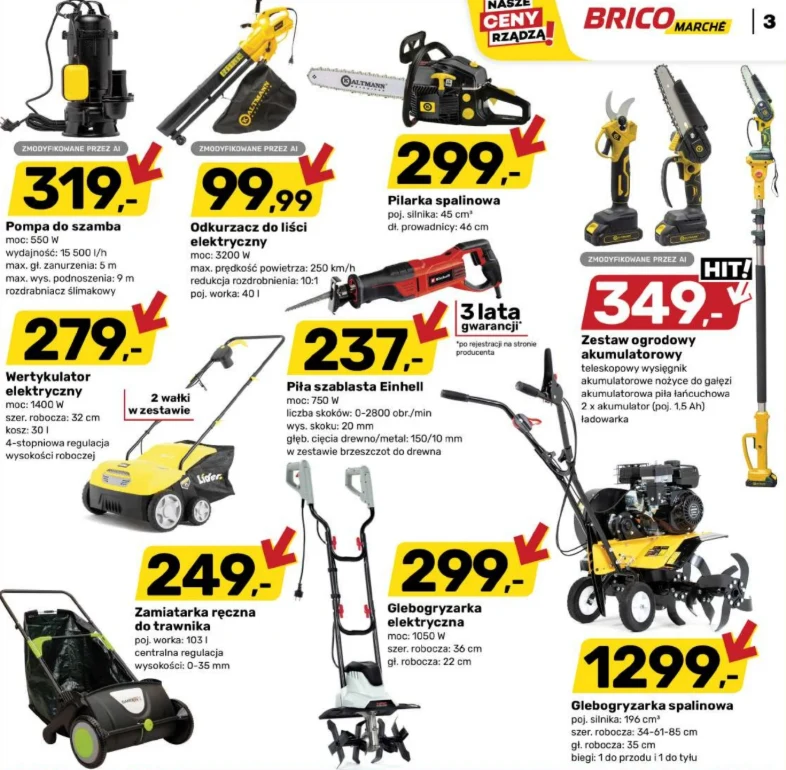 Oferta ogrodowa Produkty ogrodowe i narzędzia elektryczne z wyróżnionymi cenami, w tym pompa do szamba, odkurzacz do liści, pilarka spalinowa, wertykulator, piła szablasta, zestaw ogrodowy, zamiatarka, glebogryzarki elektryczne i spalinowa, wszystkie rozmieszczone na ...