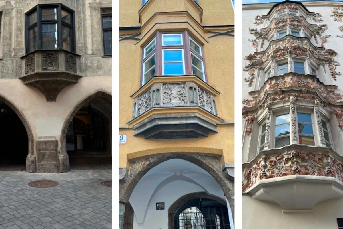 Trzy różne wykusze – kamienny z ciemnego kamienia z gotyckim łukiem, żółty z dekoracyjnymi płaskorzeźbami i białą stolarką, bogato zdobiony wykusz z barokowymi ornamentami i dużą ilością detali rzeźbiarskich.