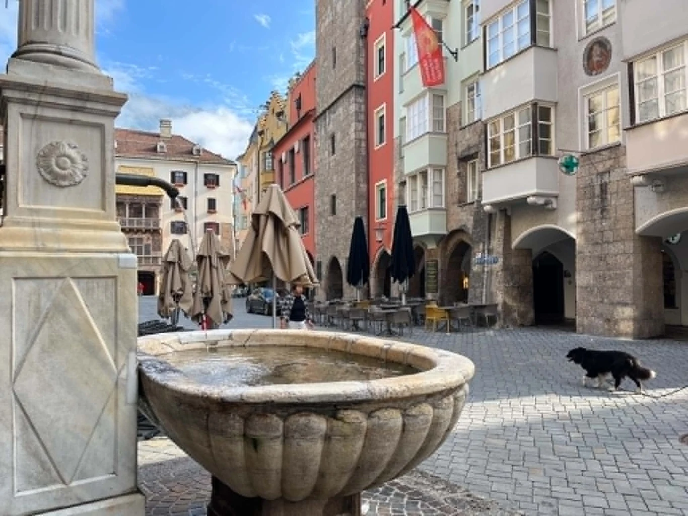 Kamienna fontanna na tle kolorowych, zabytkowych kamienic, zamknięta kawiarnia z opuszczonymi parasolami, czarny pies przechodzi przez brukowany plac.