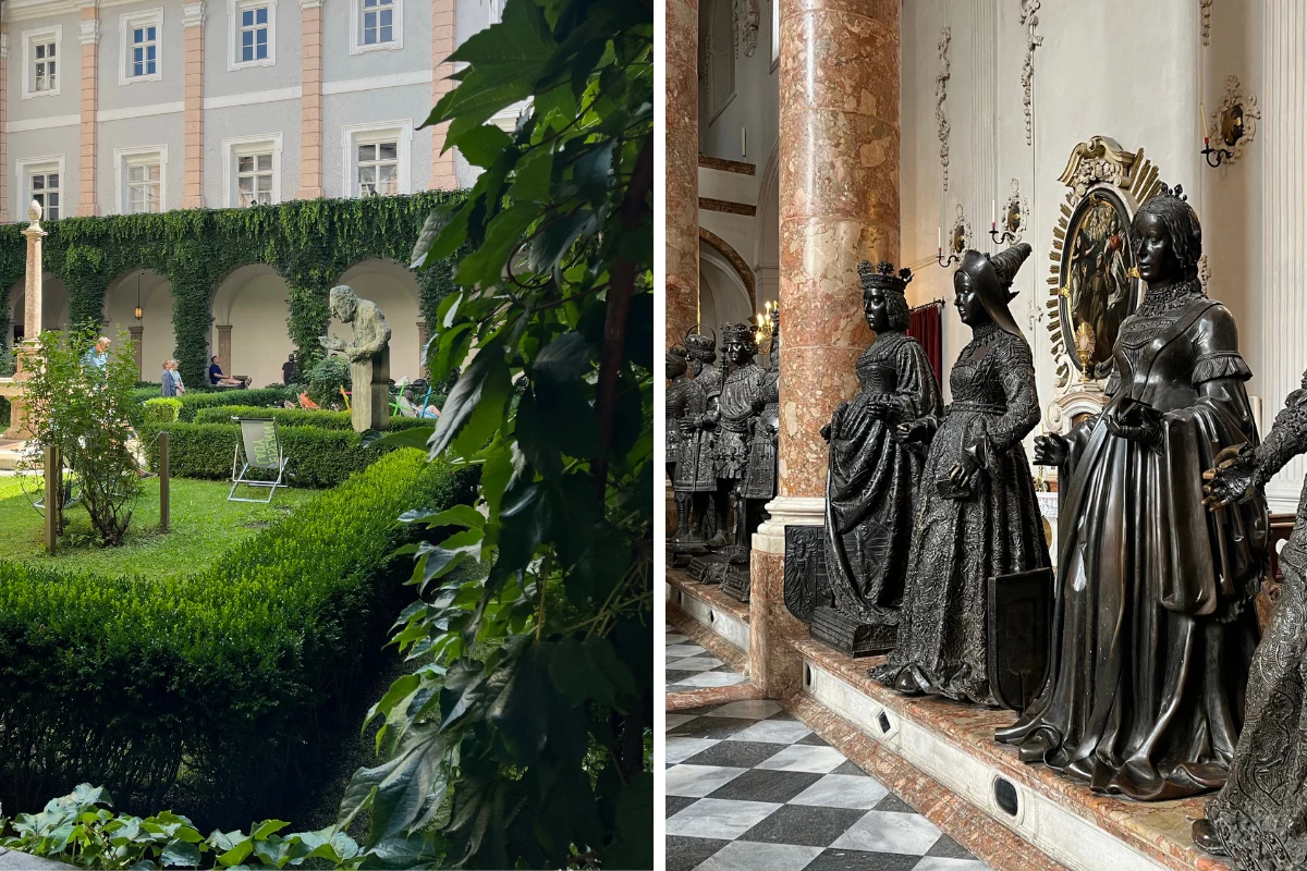 Zadbany dziedziniec z nisko przystrzyżonymi żywopłotami oraz rzeźbami pośród zieleni; obok rząd ciemnych, realistycznych figur historycznych postaci ustawionych wzdłuż ściany bogato zdobionego wnętrza z marmurowymi kolumnami i kandelabrami.