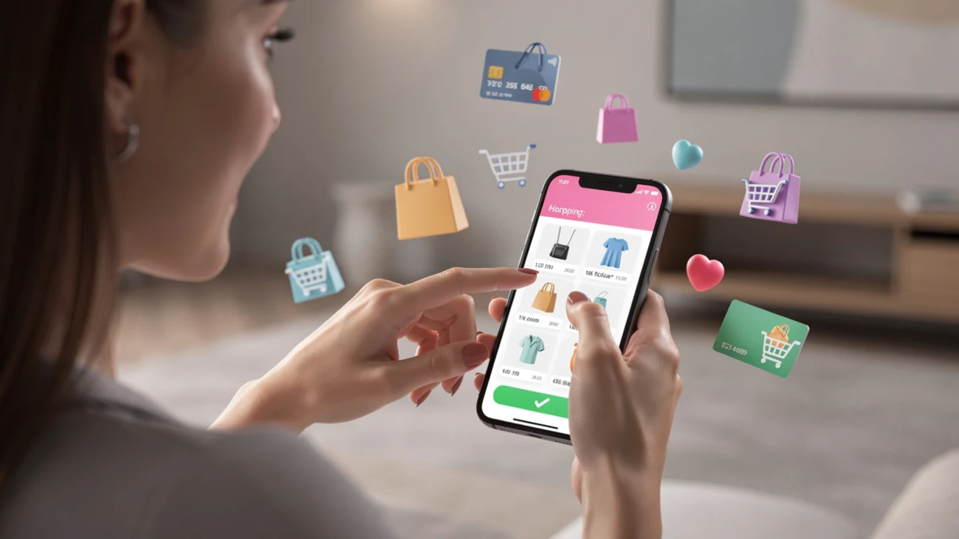 Kobieta przeglądająca ubrania w aplikacji mobilnej na smartfonie, otoczona ikonami zakupów i koszyków, symbolizującymi zakupy online.