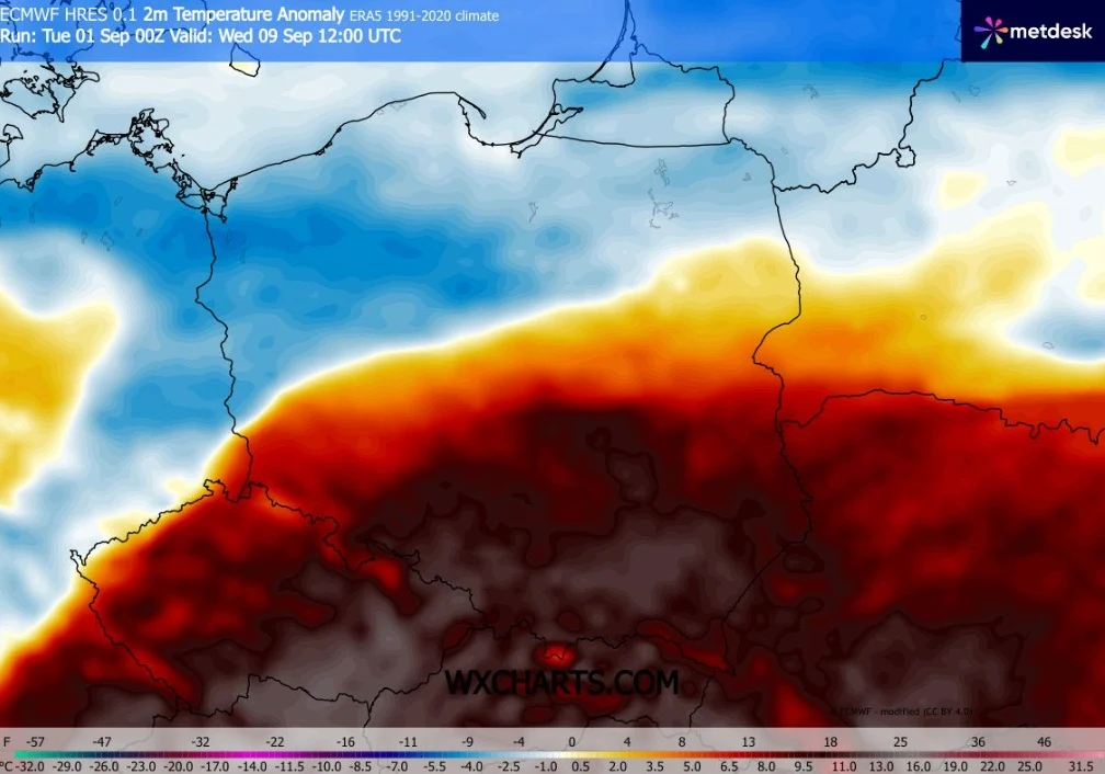 Płowa przyszłego tygodnia może być gorąca na południu i znacznie chłodniejsza na północy Polski Mapa pokazuje silne anomalie temperatury powietrza nad Polską i Europą Centralną, wyraźnie zaznaczone intensywną czerwienią i brązem, wskazującymi na znaczne przekroczenie normy wieloletniej w porównaniu do północnych krajów zaznaczonych chłodniejszymi...