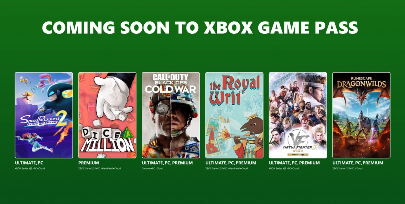 Xbox Game Pass we wrześniu z mocną ofertą Pięć okładek gier, wśród których znajdują się tytuły takie jak Call of Duty: Black Ops Cold War, The Royal Will oraz Renaissance Dragonwilds, na zielonym tle z napisem informującym o ich nadchodzącej dostępności w Xbox Game Pass.