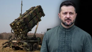 Prezydent Ukrainy Wołodymyr Zełenski, w tle wyrzutnia pocisków Patriot. Zdj. ilustracyjne