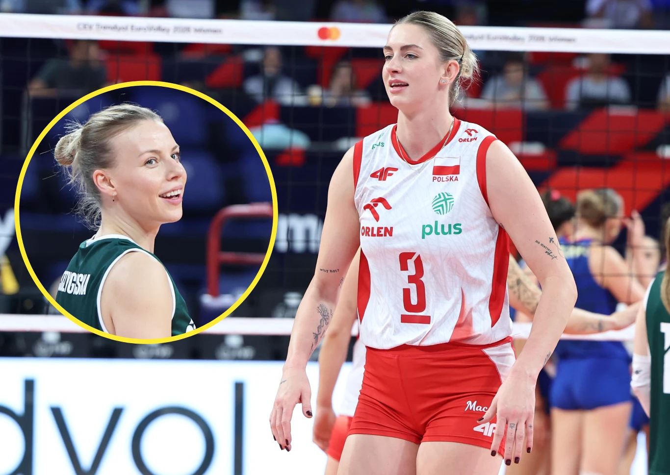 Magdalena Stysak przejęła funkcję kapitan po tym, jak ze względów zdrowotnych drużynę opuściła Aleksandra Szczygłowska (w kółku) Magdalena Stysiak w stroju z numerem 3 na boisku, obok twarz Aleksandry Szczygłowskiej w zielonym stroju na grafice.