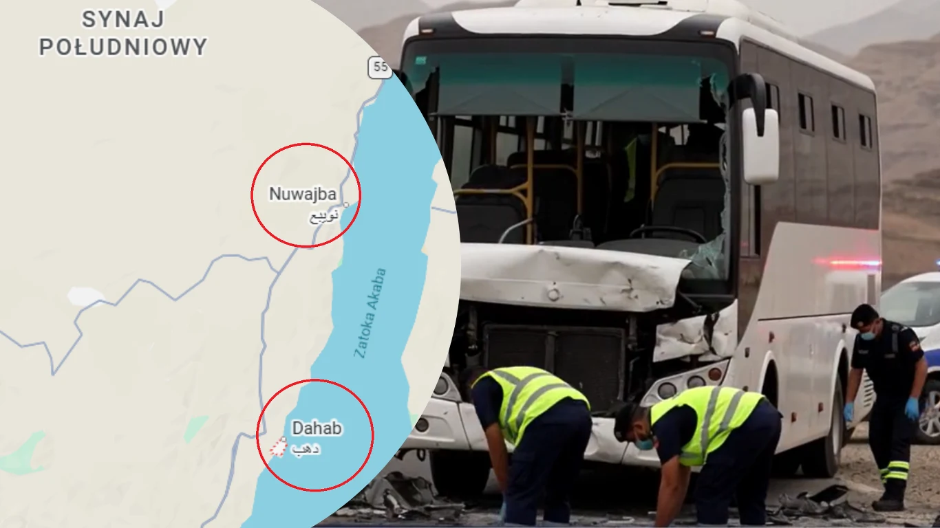 Katastrofalny wypadek autobusu w Egipcie. Wielu zabitych i rannych Uszkodzony autobus po wypadku w Egipcie, służby ratunkowe przy pojeździe, mapa z Dahab i Nuweiba.