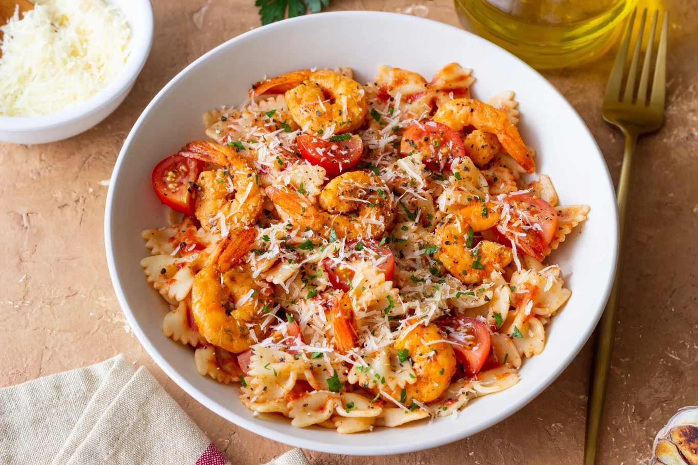 To danie zawsze robi wrażenie Makaron farfalle z krewetkami, pomidorkami koktajlowymi, parmezanem i natką pietruszki w białej misce.
