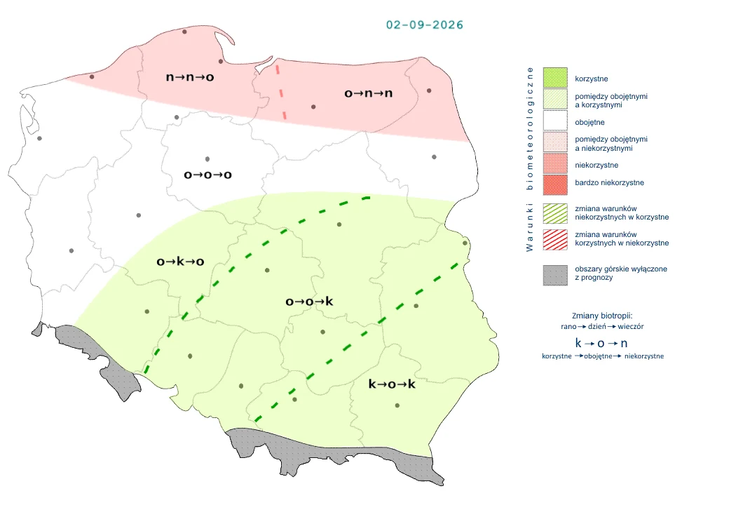 Mapa Polski z podziałem na strefy bioklimatyczne na dzień 2 września 2026 roku, oznaczająca obszary korzystne, niekorzystne i bardzo niekorzystne bioklimatycznie przy użyciu kolorów oraz symboli, wraz z zaznaczonymi liniami granic tych stref.