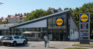 Sklep Lidl w małym mieście w słoneczną sobotę — klienci z zakupami na parkingu