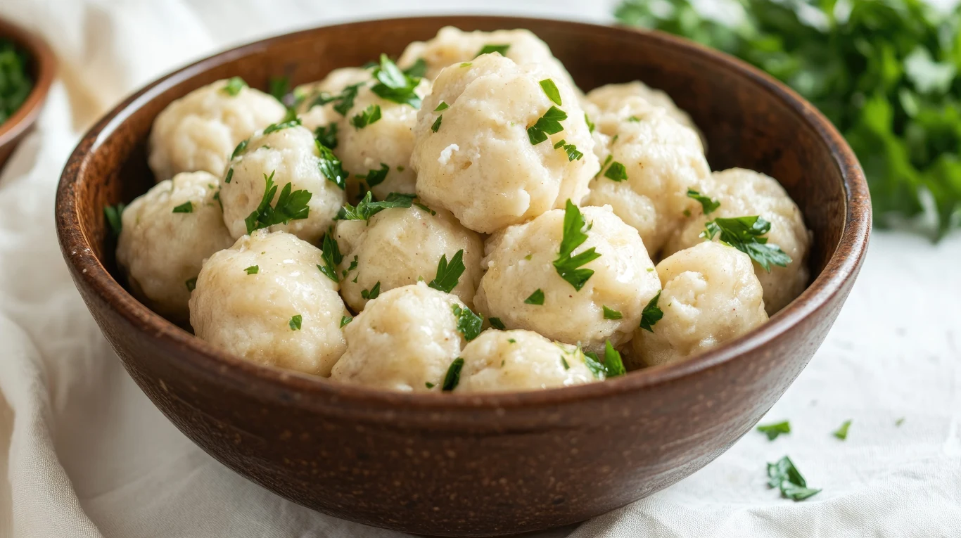 Pierogi ruskie bez lepienia to frykas dla zabieganych. Pierogi ruskie bez lepienia, kluski kładzione z natką pietruszki, w brązowej misce.
