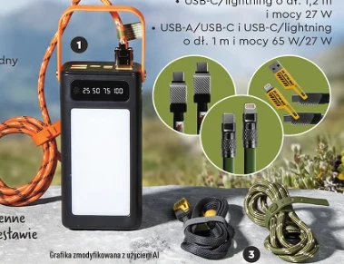 Powerbank Powerbank z dużym wyświetlaczem cyfrowym i lampą na froncie, zestaw przewodów USB-C oraz lightning w różnych wariantach kolorystycznych, trwała smycz zabezpieczająca urządzenie, akcesoria rozłożone na kamiennej powierzchni z widocznym tłem górskim.