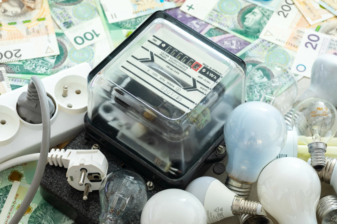 Komu przysługuje ryczałt energetyczny? Licznik energii elektrycznej z żarówkami, kablami i polskimi banknotami 100 i 200 zł