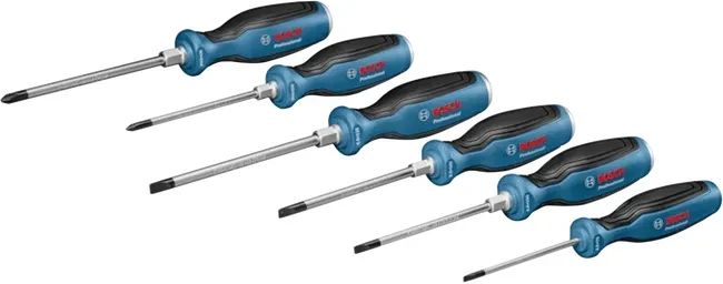 Zestaw sześciu wkrętaków za 129 zł Zestaw sześciu śrubokrętów Bosch z ergonomicznymi, niebiesko-czarnymi uchwytami, przeznaczonych do różnych typów śrub.