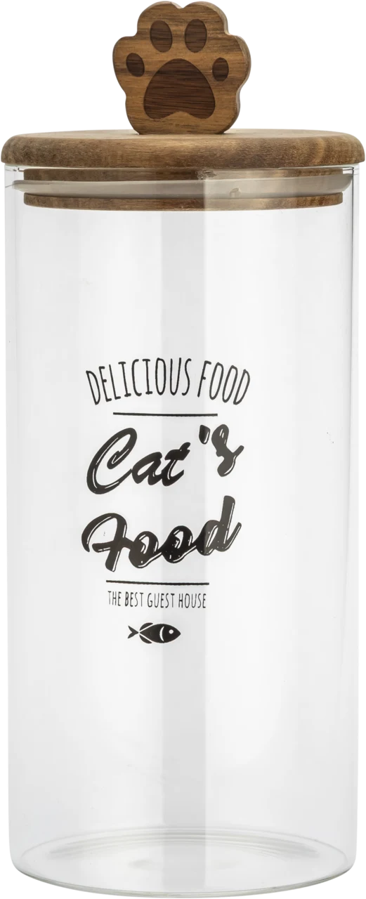 Pojemnik szklany do przechowywania jedzenia dla zwierząt za 19,99 zł Szklany pojemnik z drewnianą pokrywką ozdobioną motywem łapki oraz napisem "Delicious Food Cat's Food".
