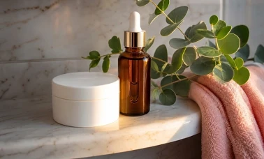 Białe opakowania kremu i serum na szklanej półce w łazience w naturalnym świetle