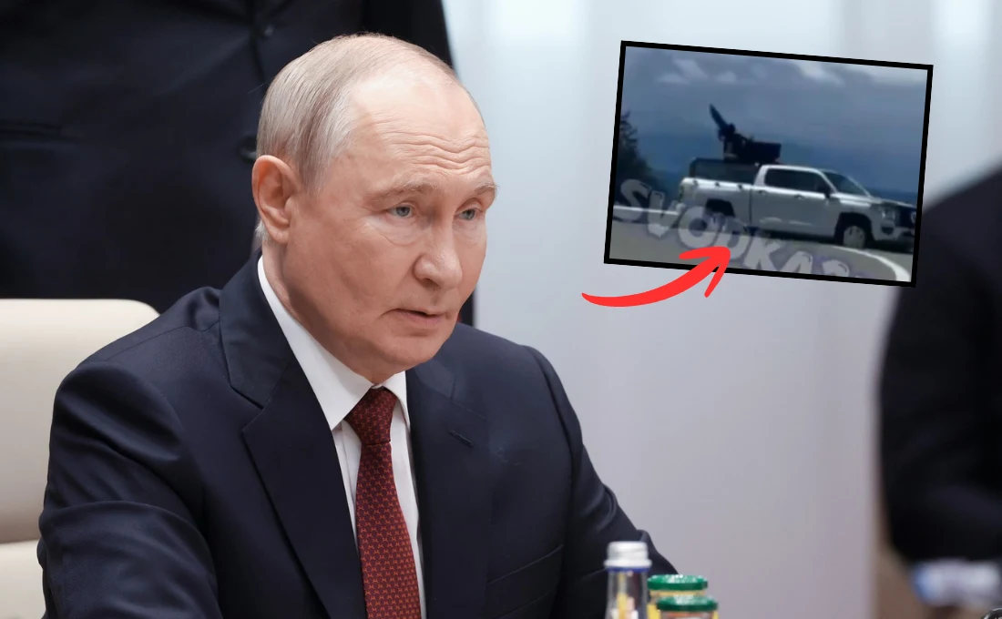 Przywódca Rosji Władimir Putin Przywódca Rosji Władimir Putin, obok screen samochodu z kolumny z karabinem na dachu