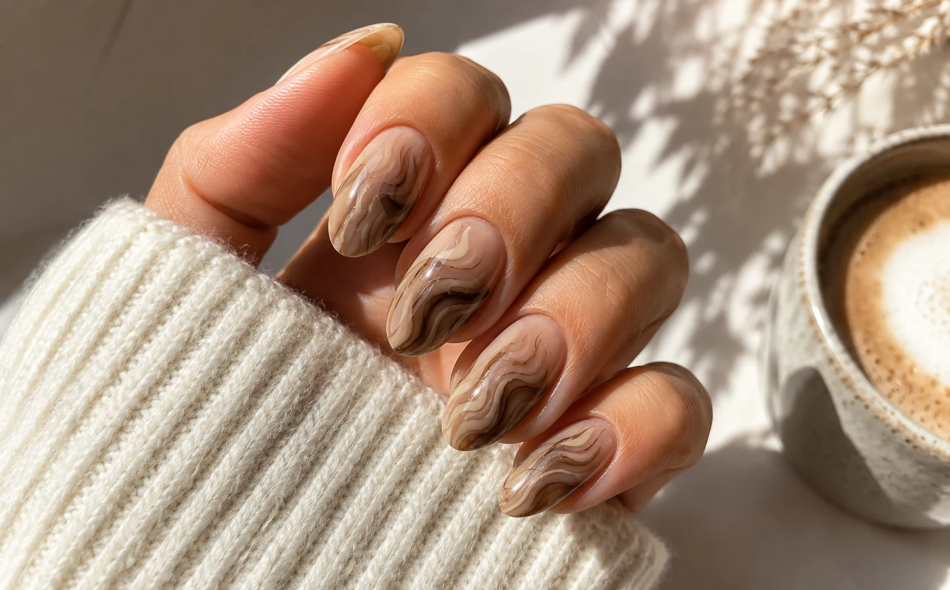 Swirled Mocha Nails Dłoń z paznokciami pomalowanymi w abstrakcyjne, marmurkowe wzory w odcieniach brązu, przy filiżance kawy, w świetle dziennym.
