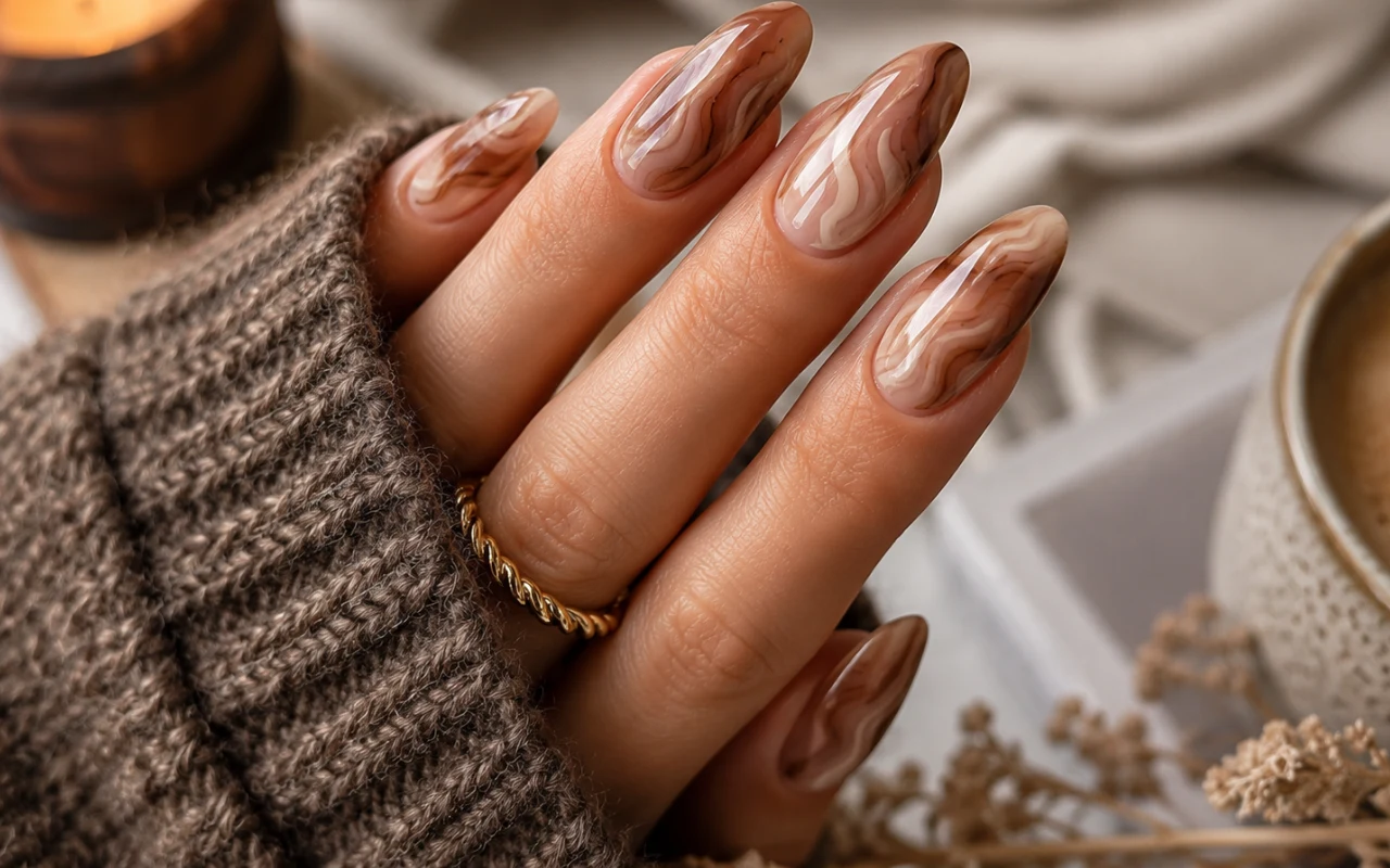 Swirled Mocha Nails będą hitem nadchodzącej jesieni Dłoń z długimi paznokciami w brązowym marmurkowym manicure, ozdobiona złotą obrączką, ubrana w ciepły, wełniany sweter.