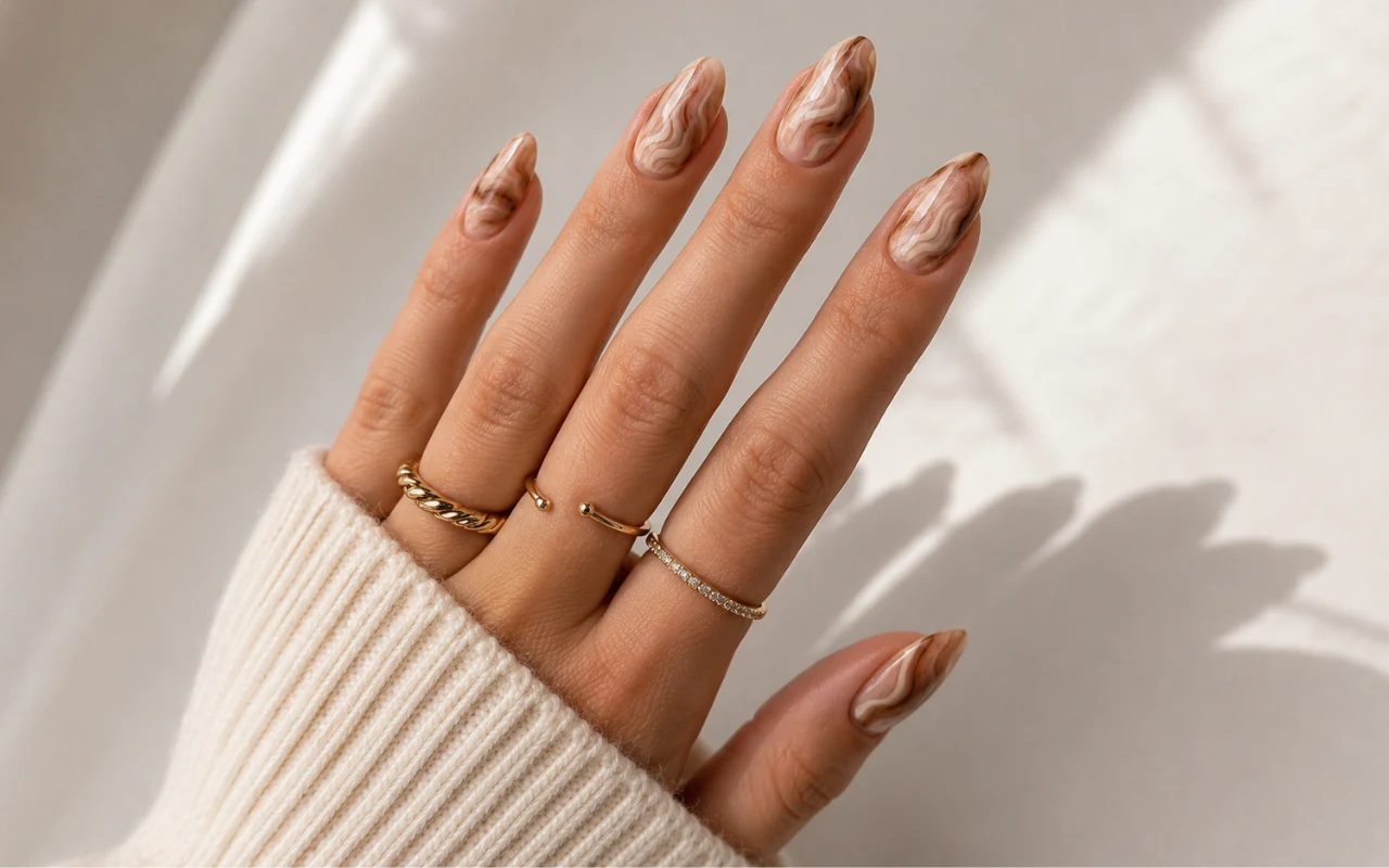Ten manicure pasuje każdej kobiecie Dłoń z zadbanymi paznokciami ozdobionymi beżowo-brązowym marmurkowym wzorem, na palcach subtelne, złote pierścionki, rękaw swetra w kremowym kolorze okrywa część dłoni.
