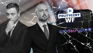 Dwóch mężczyzn w garniturach na tle pękniętej szyby, po lewej stronie logo POLITYCZNY WF, po prawej nazwa zondacrypto.