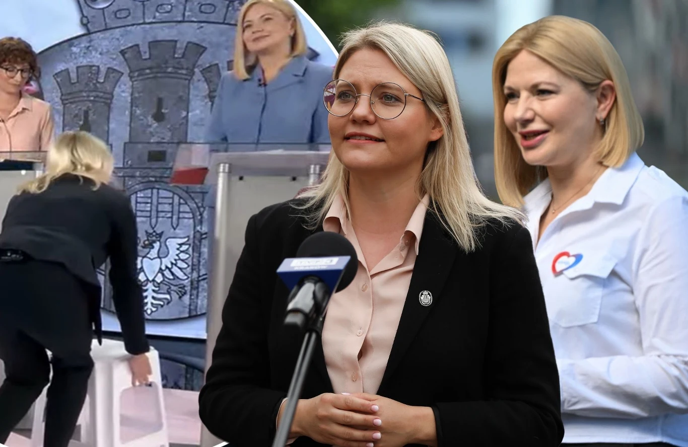 Kandydatka na prezydenta Krakowa Aleksandra Owca wręczyła swojej rywalce Monice Piątkowskiej biały stołek Aleksandra Owca i Monika Piątkowska