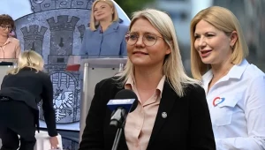 Kandydatka na prezydenta Krakowa Aleksandra Owca wręczyła swojej rywalce Monice Piątkowskiej biały stołek