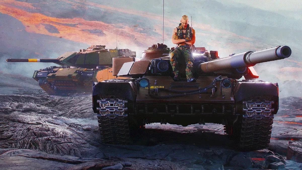 World of Tanks: HEAT Dwa czołgi bojowe World of Tanks: HEAT na lawowym polu, żołnierz siedzi na wieżyczce, pomarańczowe niebo w tle.