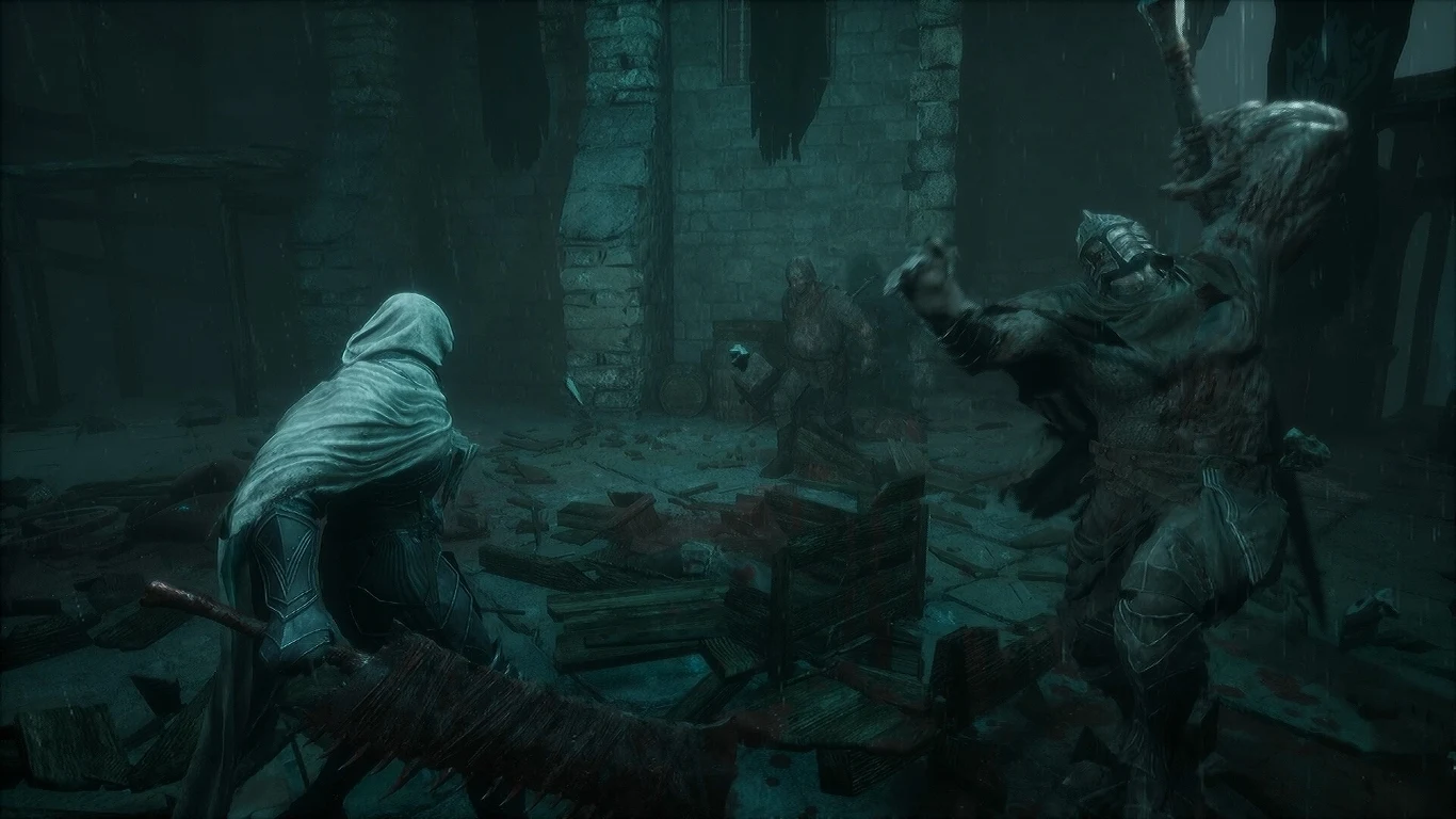 The Relic: First Guardian Pojedynek zamaskowanego wojownika z uzbrojonym potworem w zniszczonej, mrocznej ruinie, z trzecim zagrożeniem w tle.