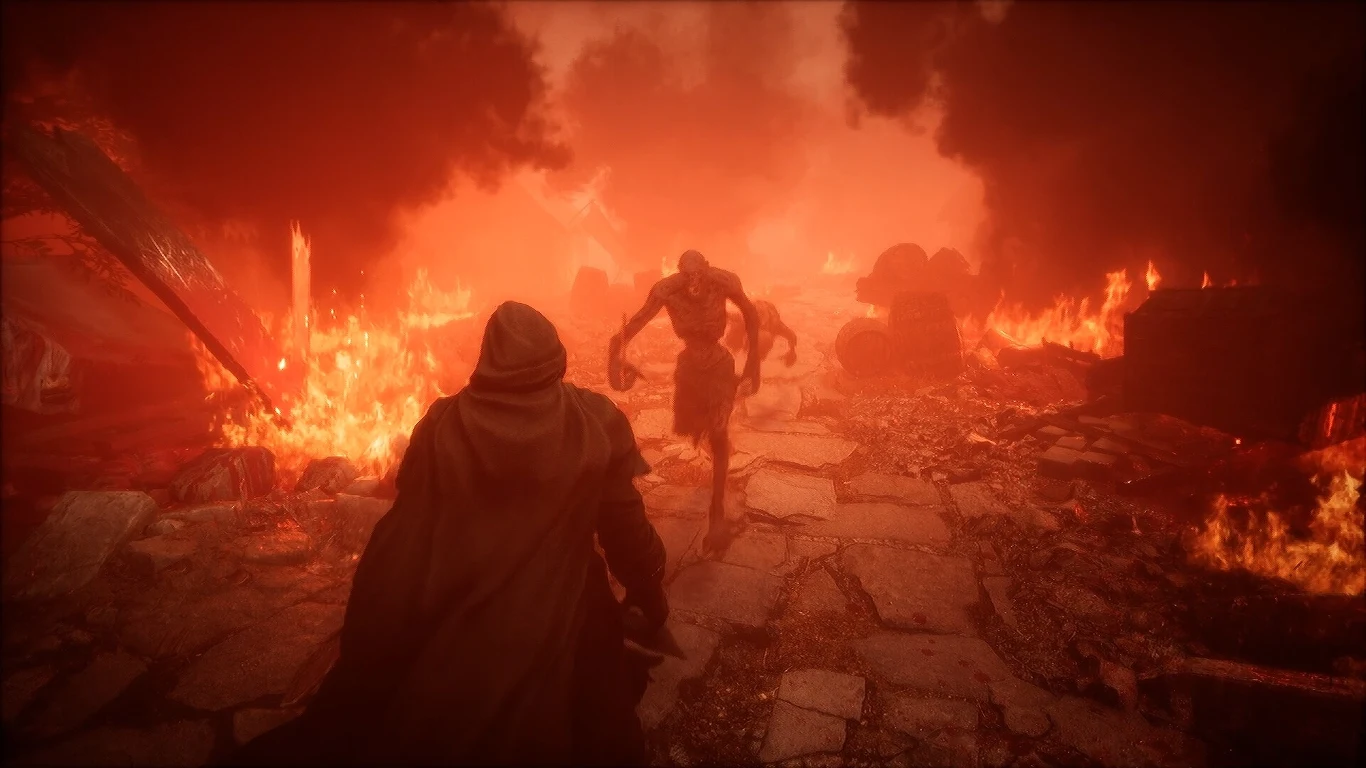The Relic: First Guardian Dwóch postaci w dynamicznej scenie, jedna w kapturze zwrócona plecami, druga biegnąca naprzeciw przez płonące ruiny, otoczenie spowite pomarańczową poświatą ognia i dymu.