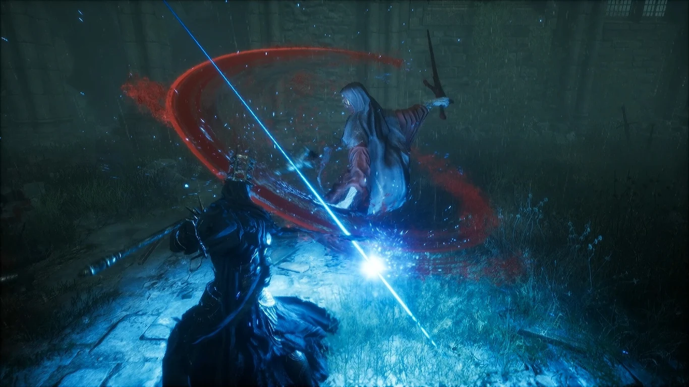 The Relic: First Guardian Dwóch wojowników w płaszczach ściera się podczas walki na miecze, z energią i efektem świetlnym unoszącym się między nimi.