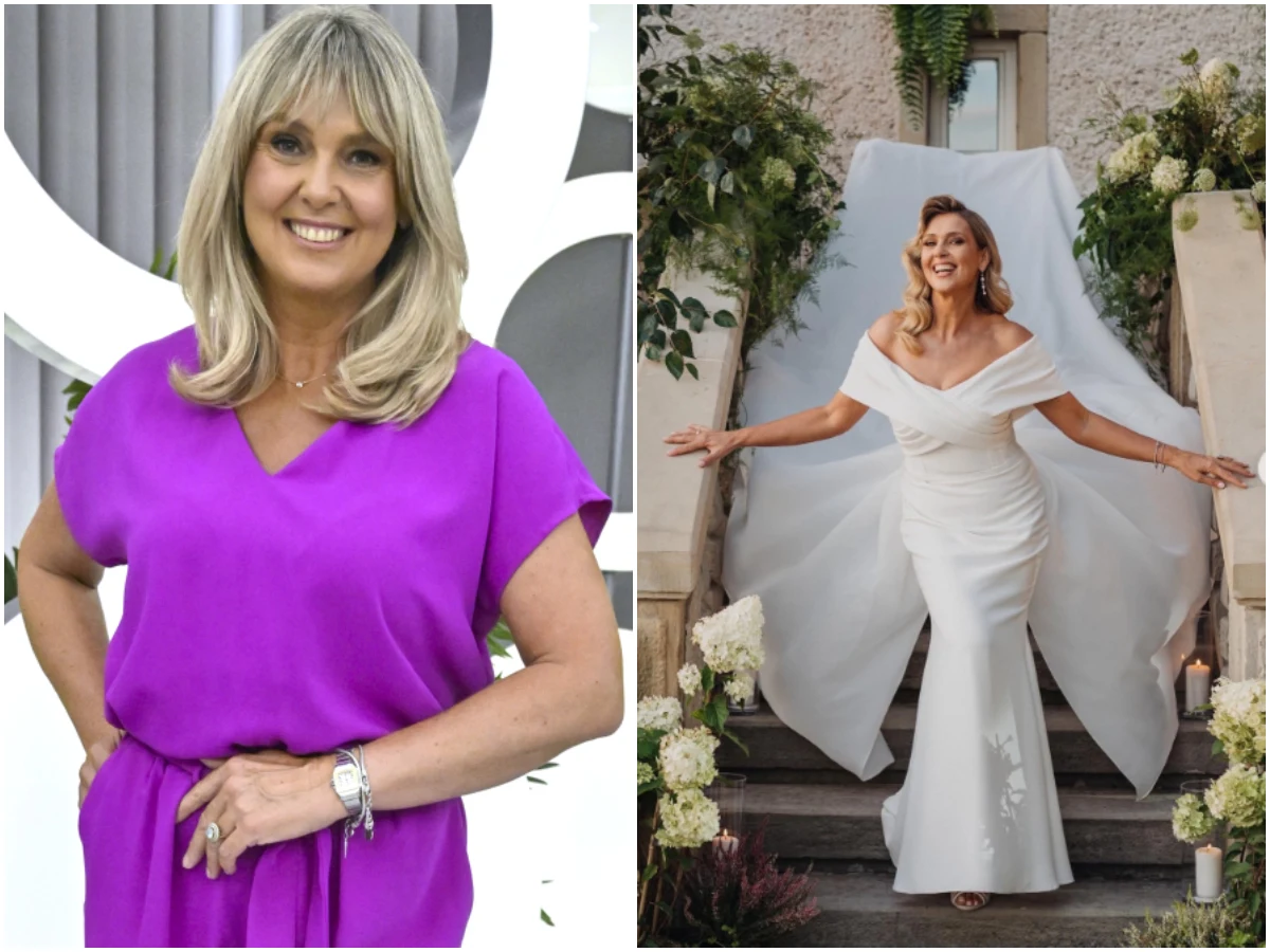 Ewa Wachowicz, fot. https://www.instagram.com/ewawachowicz/ Kobieta z blond włosami uśmiecha się, ubrana w fioletową sukienkę; obok ta sama kobieta w eleganckiej, białej sukni ślubnej z rozłożystym trenem stoi na schodach wśród zieleni i kwiatów.
