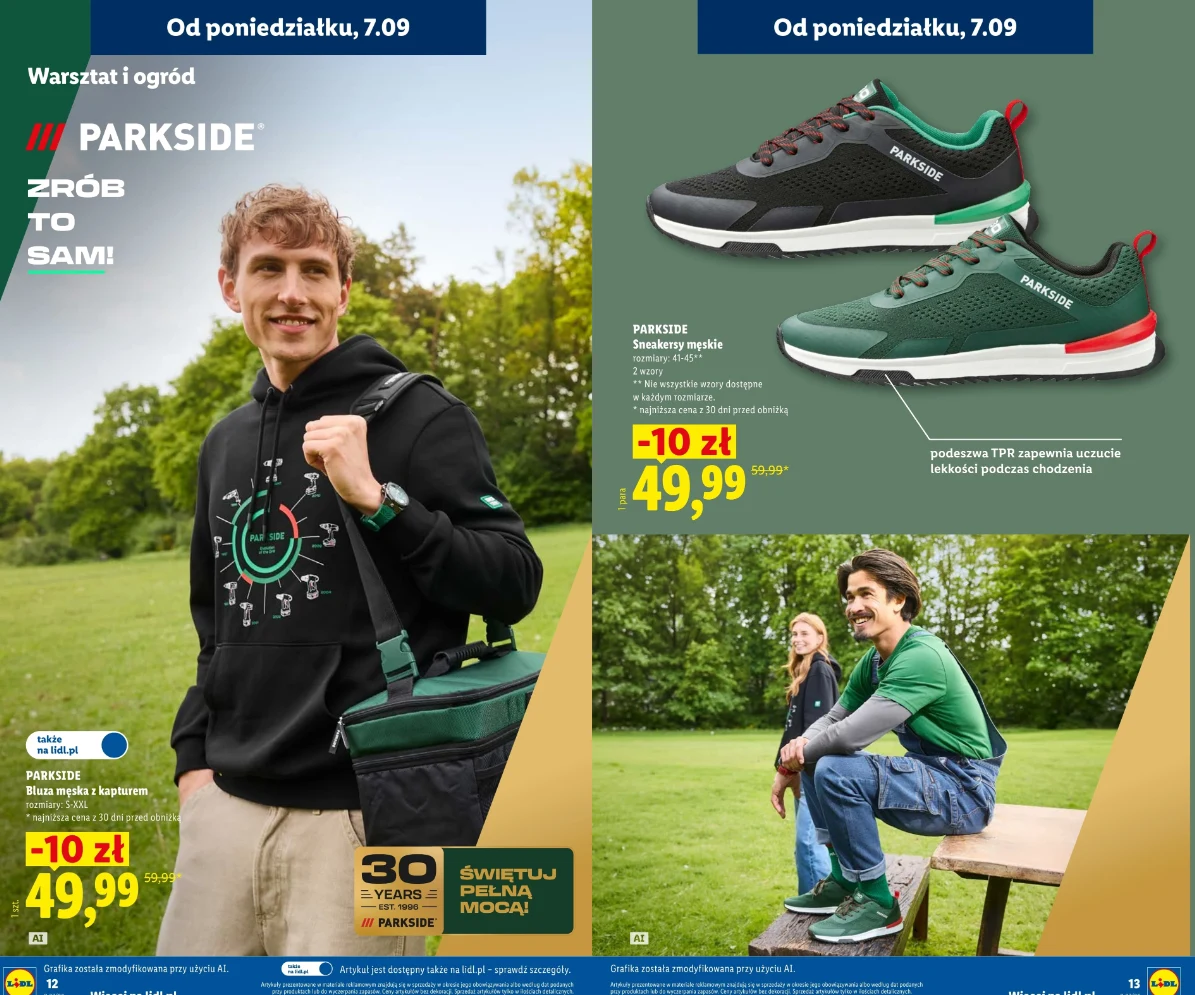 Ubrania i buty Parkside od poniedziałku 7.09. w Lidlu Mężczyzna w czarnej bluzie z charakterystycznym nadrukiem niesie zielono-czarną torbę, obok sportowe buty w odcieniach zieleni i czerni z czerwonym detalem, a poniżej dwie osoby odpoczywające na ławce w parku, obie w casualowych ubraniach i sportowych ...