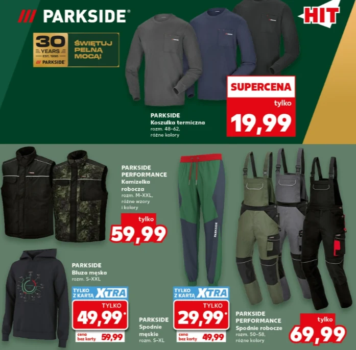 Ubrania Parkside Performance w Kaulandie Odzież robocza i akcesoria marki Parkside, w tym koszulki termiczne, kamizelki robocze, bluza męska, spodnie oraz ogrodniczki, wraz z wyraźnie zaznaczonymi cenami promocyjnymi na kolorowym tle sklepowej gazetki.