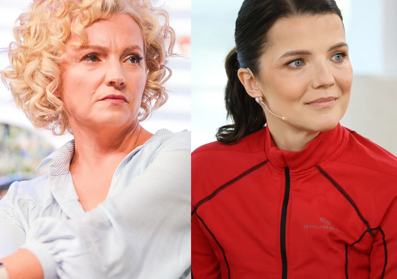 Dorota Szelągowska, Joanna Jabłczyńska Dwie kobiety w średnim wieku, po lewej kobieta o jasnych, kręconych włosach w jasnej bluzce, po prawej kobieta o ciemnych włosach spiętych w kucyk, ubrana w czerwoną sportową bluzę z mikrofonem przy twarzy.