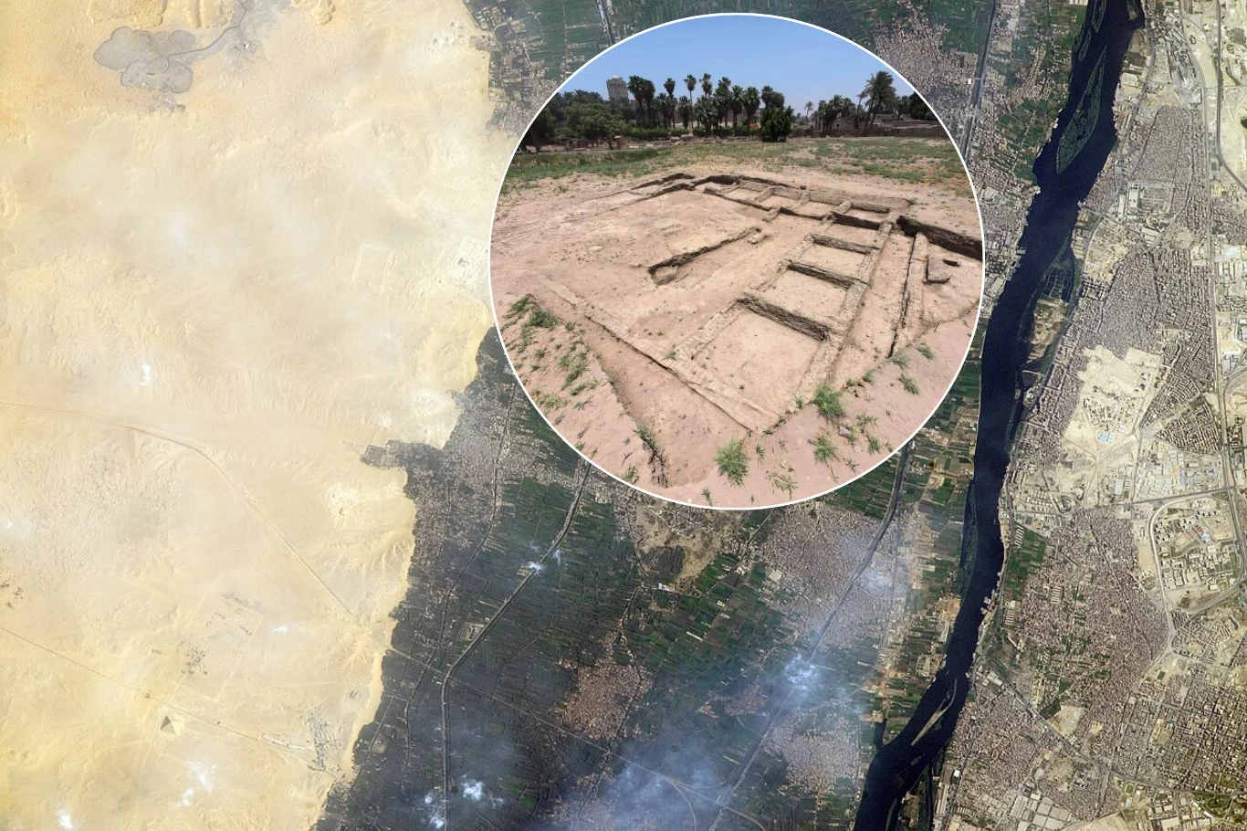 Nowe odkrycie rzuca światło na życie dawnych mieszkańców starożytnego Egiptu. Widok wykopalisk archeologicznych w Memfis z prostokątnymi fundamentami na tle doliny Nilu i pustyni.