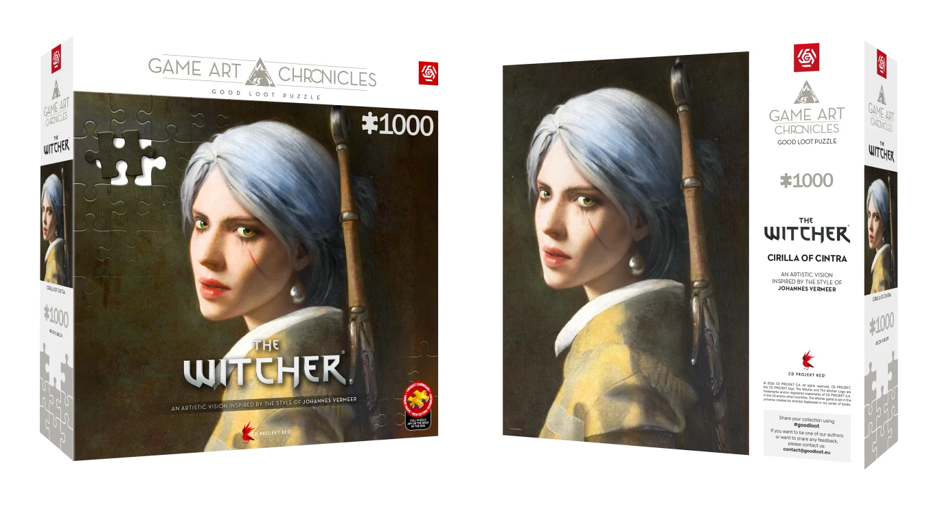 Game Art Chronicles Puzzle: The Witcher (Wiedźmin) Old Master's Prophecy, 1000 elementów Portret Ciri z białymi włosami, w futrzanym płaszczu z mieczem, styl Wiedźmin, 1000-elementowe puzzle